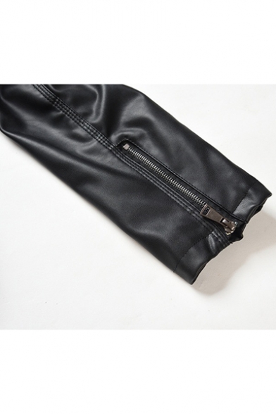 Punk Style Plain Lapel Collar Long Sleeve Zip Front PU Cropped Motorcycle Jacket