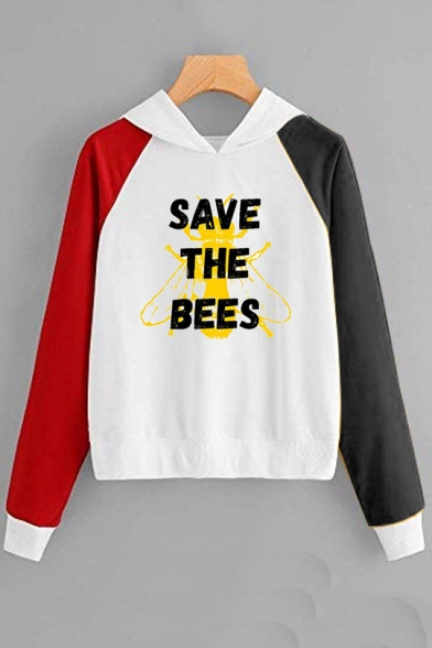 SAVE THE BEES Letter Bee Printed Color Block Long Sleeve Hoodie