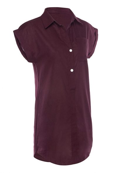 Simple Plain Short Sleeve Lapel Collar Pocket Embellished Button Front Womens Cotton Linen Shirt Blouse
