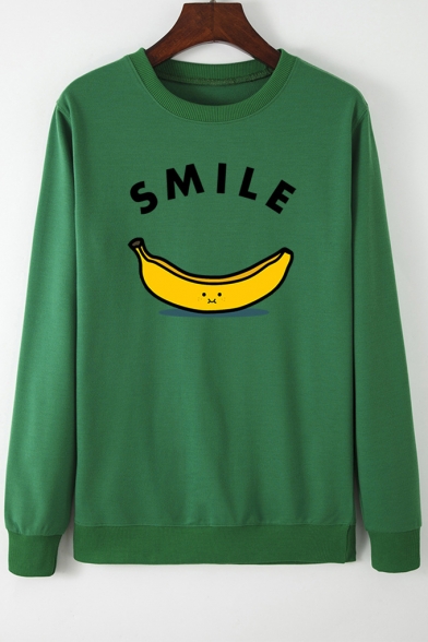 SMILE Letter Banana Printed Round Neck Long Sleeve Relaxed Pullover Sweatshirt