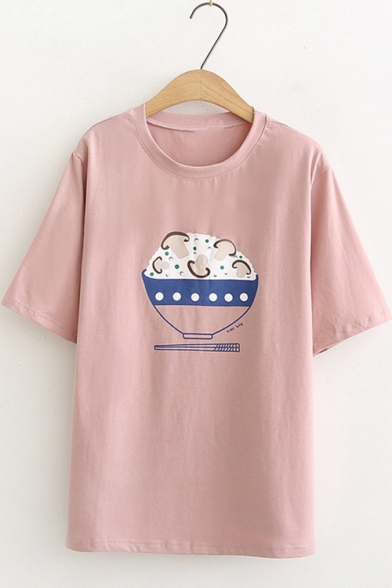 Summer Half Sleeve Round Neck Food Printed Casual Loose Cotton T Shirt