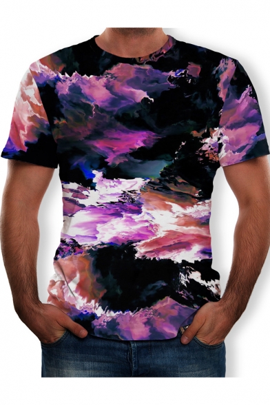 Summer Short Sleeve Round Neck Oil Painting Printed Pullover Straight T Shirt