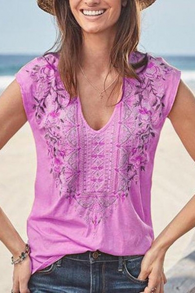 Summer Hot Stylish Floral Print Sleeveless V-Neck Casual Tank Tee For Women