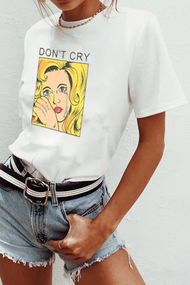 Summer Hot Stylish Letter DON'T CRY Comic print Round Neck Short Sleeve White Tee Top