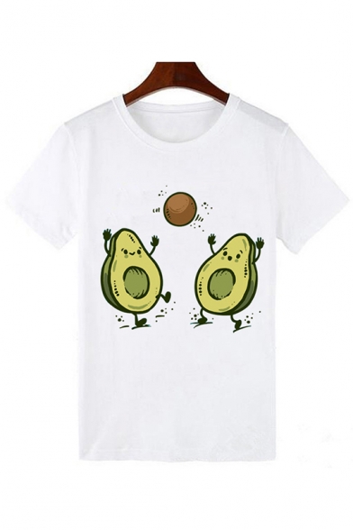 Summer Hot Trendy Funny Cartoon Avocado Printed White Round Neck Short Sleeve T-Shirt