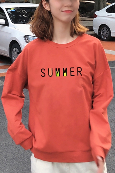 SUMMER Letter Print Long Sleeve Round Neck Pullover Sweatshirt
