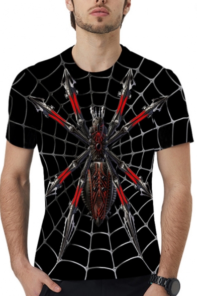 Summer New Arrival Mens Short Sleeve Round Neck Spider Web Printed Black T-Shirt