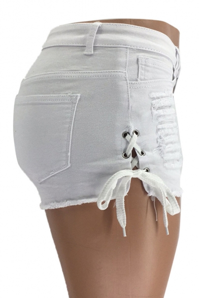 Summer Stylish Plain Ripped Raw Hem Lace Up Side Cutout Washed Hot Pants