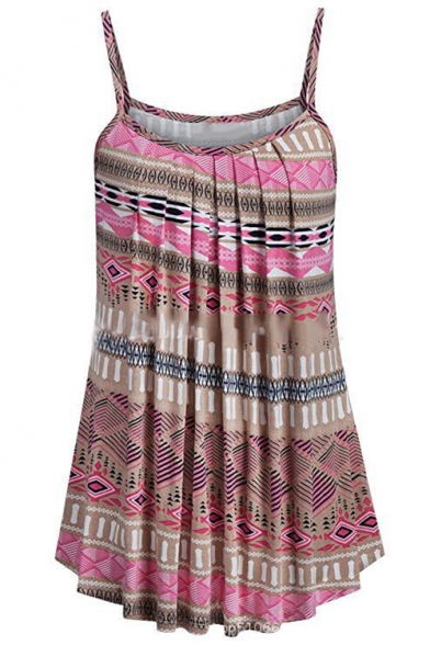 Summer Stylish V Neck Straps Sleeveless Tribal Print Pleated Sexy Leisure Pink Cami Top