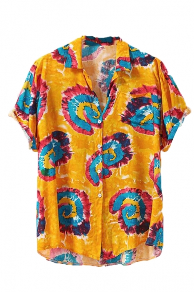Summer Trendy Hawaiian Tropical Pattern Lapel Collar Short Sleeve Beach Shirt for Guys