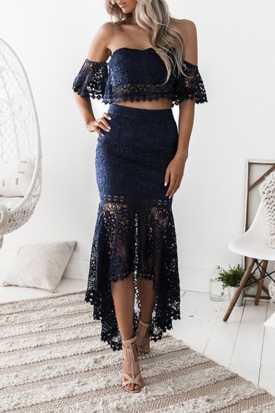 Summer Trendy Off Shoulder Bandeau Top with High Waist Midi Skirt Sheer Lace Two Piece Set