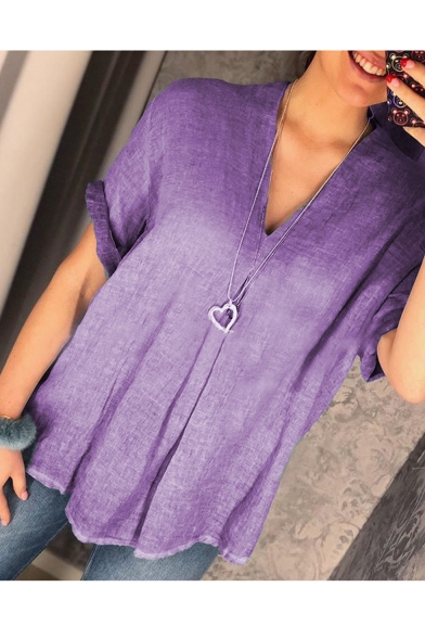 Summer Women's Chic Simple Solid Color V-Neck Short Sleeve Loose Blouse
