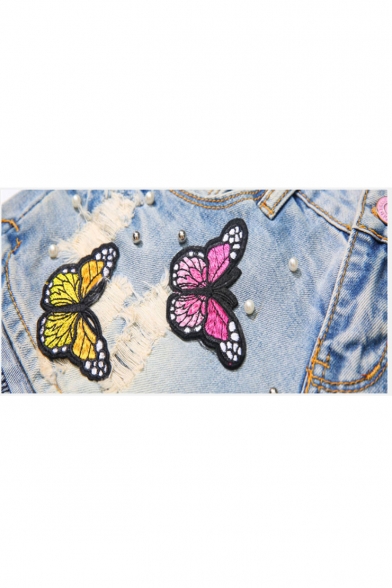 Sweet Fancy Blue Mid Waist Ripped Butterfly Embroidered Beading Embellished Denim Shorts