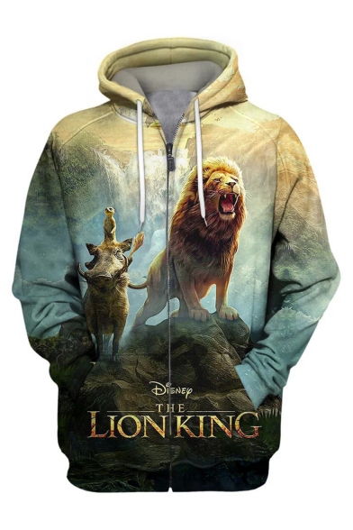 The Lion King 3D Printed Drawstring Hooded Long Sleeve Loose Fit Casual Zip Up Hoodie