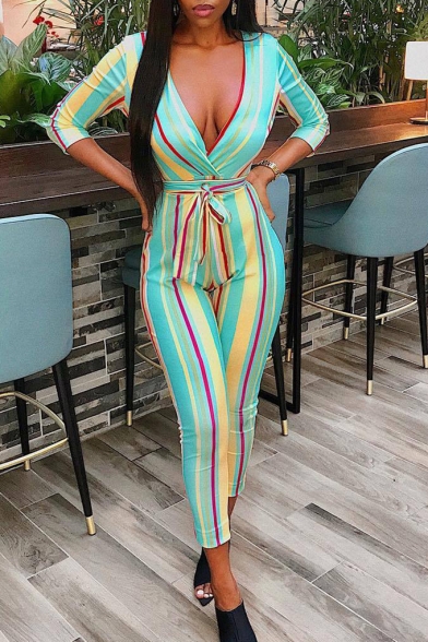 Trendy Green Plunge V Neck 3/4 Sleeve Tie Waist Colorblock Striped Slim Holiday Jumpsuits