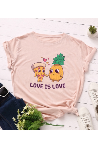 Unique Cute Comic Letter LOVE IS LOVE Pattern Round Neck Short Sleeve Casual T-Shirt