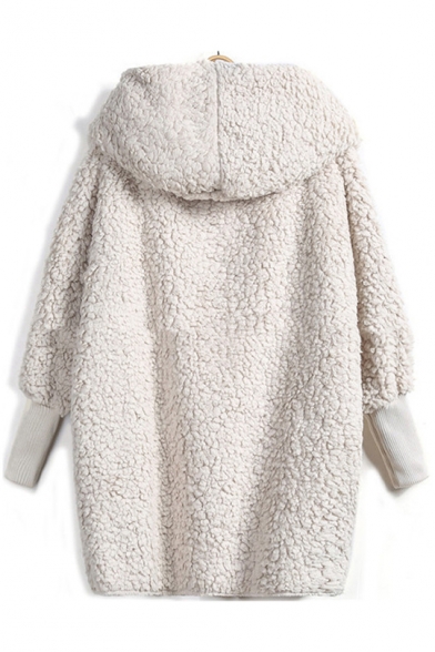 White Elegant Hooded Long Sleeves Faux Fur Longline Coat with One Toggle Button
