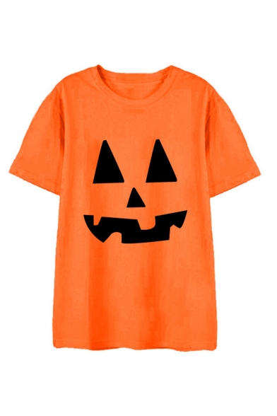 Women's New Stylish Halloween Pumpkin Print Short Sleeve Round Neck Cotton T-Shirt