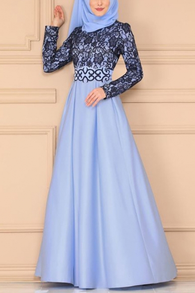 Womens Chic Ethnic Style Fancy Lace Panel Long Sleeve Maxi Swing Dress
