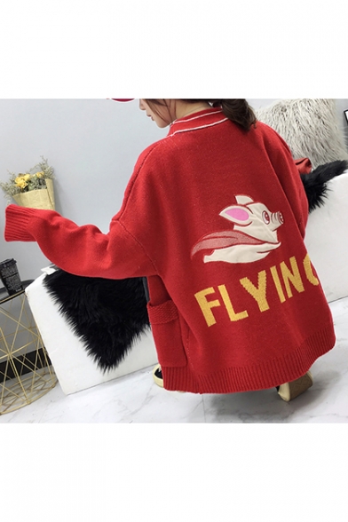 

Womens Cute Pig FLYING Letters Print V-Neck Drop Sleeve Boxy Cardigan with Pockets, Red;white;gray, LM556975