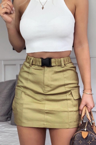 Womens Elasticated-Waist Flap Pockets Mini Cargo Skirt