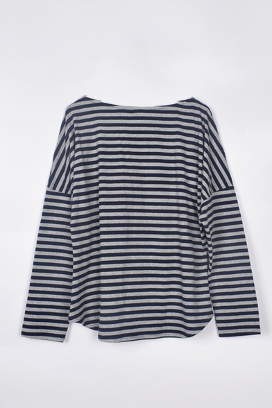 Womens Fancy Striped Print Oblique Round Neck Long Sleeve Casual Loose Grey And Blue T-Shirt