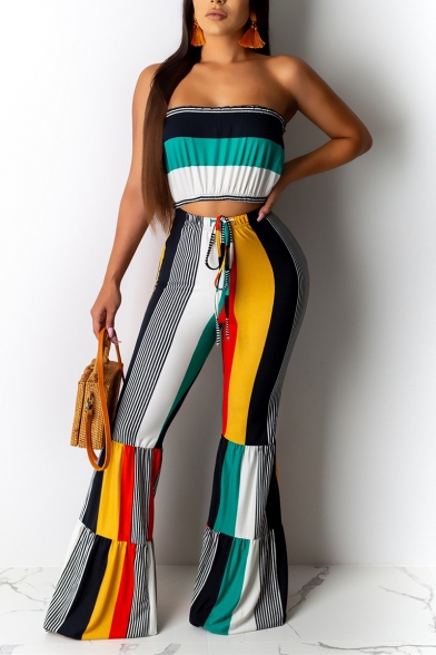 Womens Hot Popular Color Block Bandeau Top with Slim Flared Pants Two-Piece Set