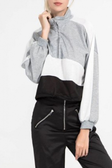 Womens Hot Popular Long Sleeve Stand Neck Zip Front Colorblock Patch Cropped Sweatshirts