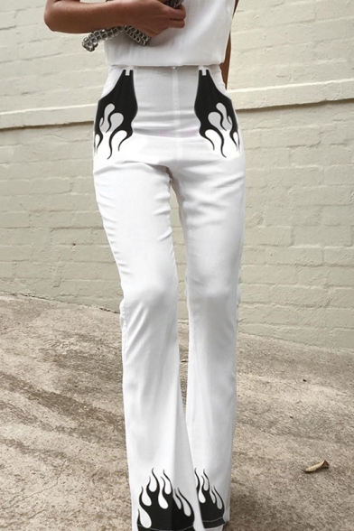 

Womens New Fashion High Waist Flame Print White Boot Cut Pants, LM557697