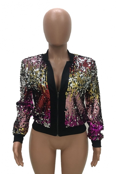 Womens New Stylish Glitter Long Sleeve Zip Up Short Sequined Jacket