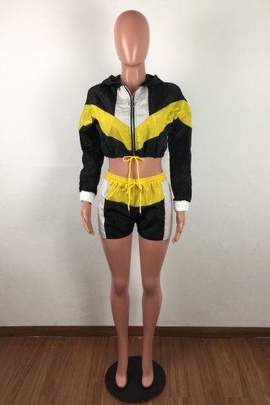 Womens Patchwork Athletic Style Hoodie Long Sleeve Midriff Top with Drawstring Shorts Co-ords