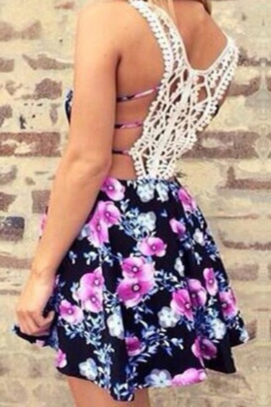 Womens Sexy Hollow Out Lace Patched Back Purple Floral Print Mini Slip Dress