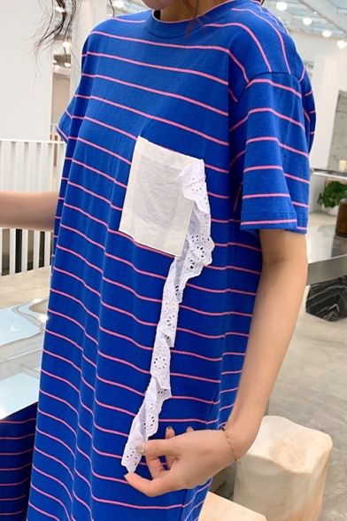 Womens Summer Round Neck Short Sleeve Striped Lace Panelled Pockets Ruffles Shift T-Shirt Maxi Dress