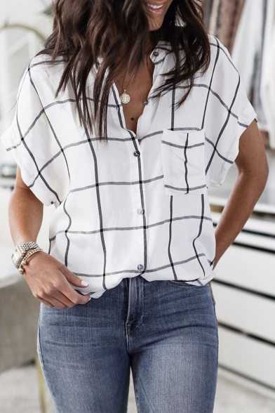Womens Summer White Check Printed Stand Collar Short Sleeve Button Down Shirt