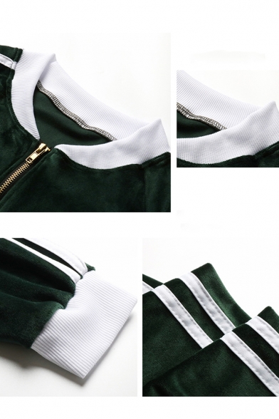 Womens Trendy Green Contrast Trim Stripe Long Sleeve Zip Up Jacket