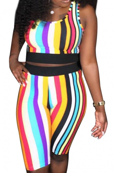 Womens Trendy Rainbow Stripe Printed Scoop Neck Crop Tank with Skinny Half Shorts Two-Piece Set