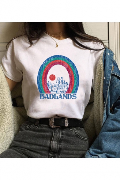 BADLANDS Letter Rainbow Printed Short Sleeve Round Neck Casual Loose Cotton Tee