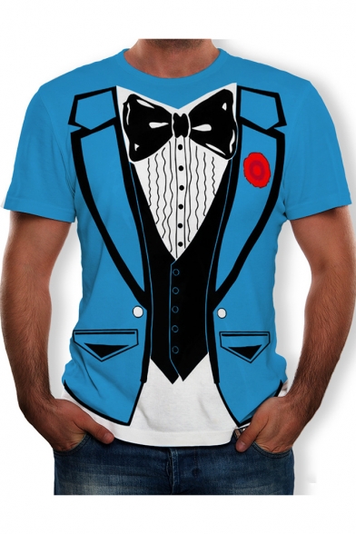 Blue Round Neck Short Sleeve 3D Bow-Tie Blazer Printed Fake Two Piece T Shirt