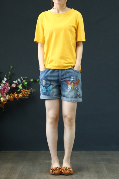 Blue Vintage Drawstring Cord Rolled Hem Distressed Butterfly Embroidered Straight Denim Shorts