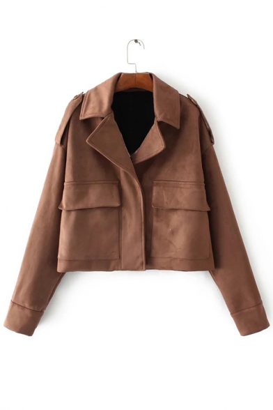 Brown Notched Lapel Collar Flap Pockets Cropped Suede Epaulets Jacket Coat