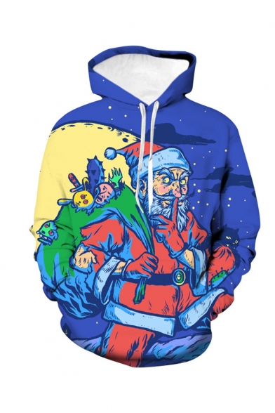 Christmas New Fashion Blue Starry Sky Painting Santa Claus 3D Printed Drawstring Hooded Long Sleeve Casual Pullover Hoodie