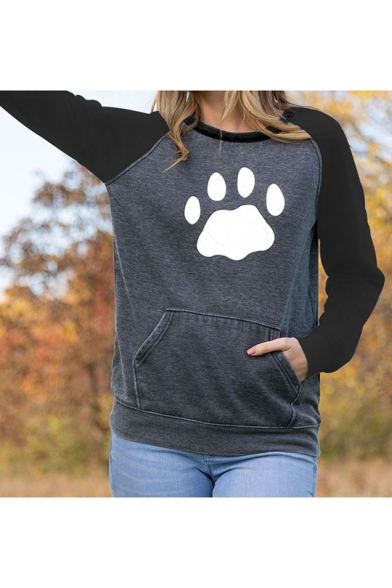 Color Block Bear Claw Print Long Sleeve Leisure Pullover Sweatshirt With Pocket