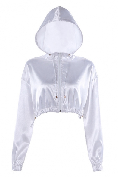 Cool Solid Color Long Sleeve Drawstring Hem Zip Up Hooded White Crop Jacket