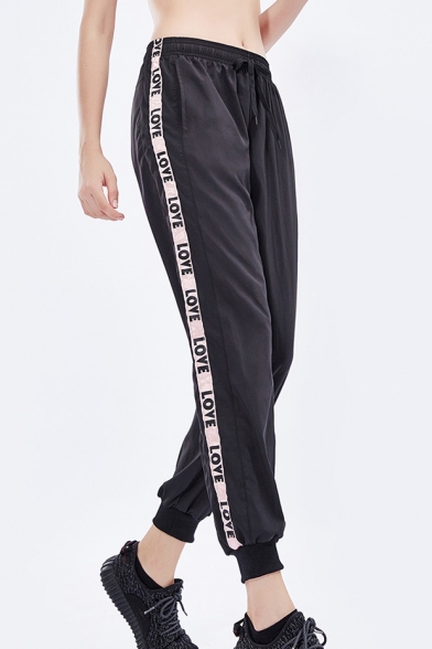 Cool Unique Letter LOVE Tape Side Drawcord Waist Loose Sport Track Pants for Women