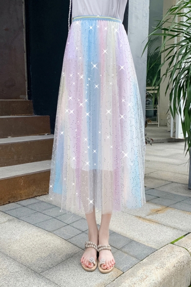 Elegant Rainbow Color High Waist Sequin Embellished Flared Mesh Midi Skirt for Dating