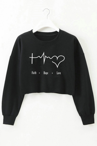 Faith Hope Love Letter Love Heart Printed Round Neck Long Sleeves Crop Pullover Sweatshirt