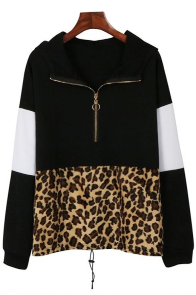 Fashionable Long Sleeve Colorblock Leopard Printed Zippered Loose Hoodie