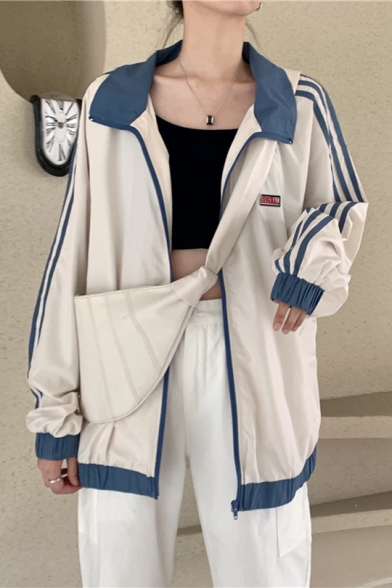 Girls Lapel Collar Color Block Stripe Sleeve Casual Sport Zipper Track Jacket
