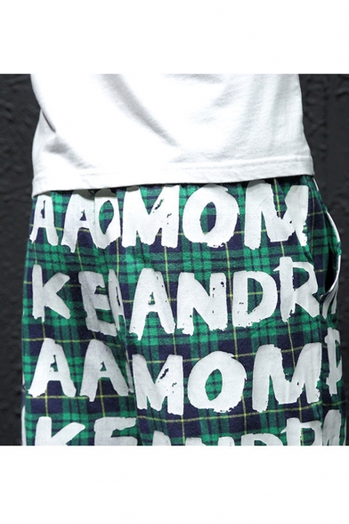 Guys New Stylish Plaid Letter Printed Loose Fit Drawstring Waist Green Casual Wide Leg Pants