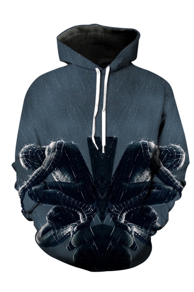 Hot Fashion Dark Grey Spider 3D Printed Drawstring Hooded Long Sleeve Casual Loose Pullover Hoodie